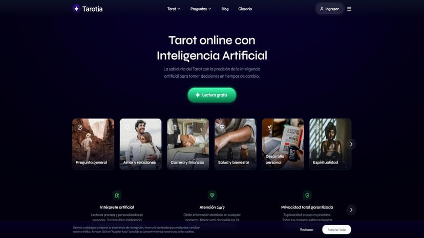 Tarotia - Tarotia是一款结合人工智能的在线占卜工具，提供灵感和指导。无论何时、何地，你都可以通过它获得回答。