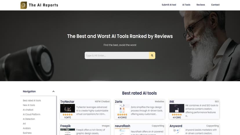 The AI Reports - 通过用户评论排名的AI工具聚合平台，帮助用户找到最佳工具并避免最差选择。
