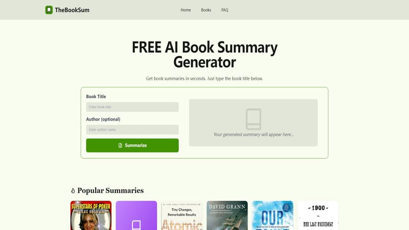 TheBookSum - TheBookSum提供快速、免费的AI生成书籍摘要，20秒内获取关键要点和章节总结。