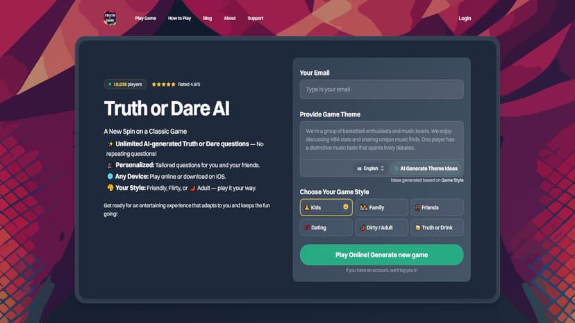 Truth or Dare AI - Truth或Dare AI是一个无限和个性化的娱乐工具，通过动态调整的问题来提供永远新鲜、有趣的游戏体验。从任何场合开始你的不可忘怀派对！。