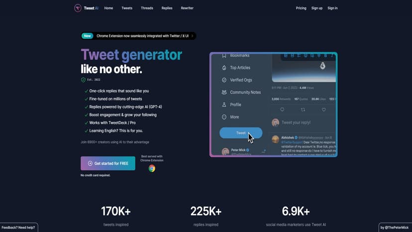 Tweet AI - Tweet AI是一款高效的AI推文生成工具，一键生成个性化推文。