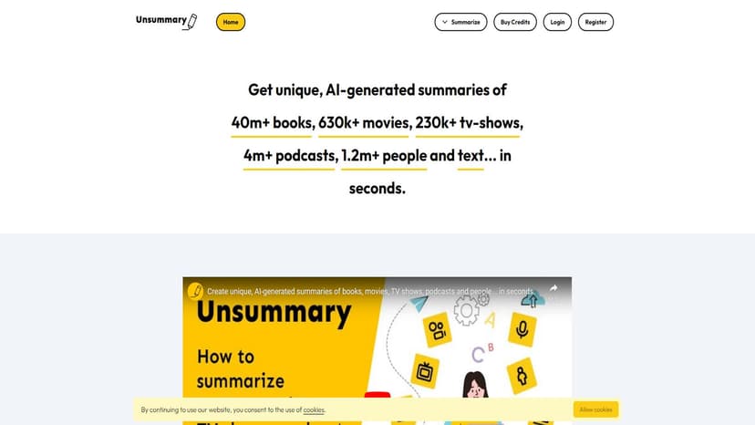 Unsummary - Unsummary是一款基于人工智能技术开发的工具，旨在为用户提供快速、高效地生成各种类型内容摘要的解决方案。通过输入关键词或链接，您可以获取关于书籍、电影、电视节目、播客和文本等方面的大量信息，并以简洁易懂的方式呈现给您。