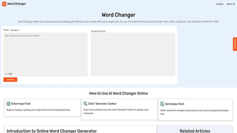 Word Changer - Word Changer是一款在线工具，可以帮助你快速替换文本中的关键字，以实现更加流畅、原创和有影响力的内容。